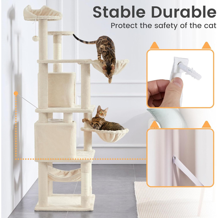 Кігтеточка Yaheetech XXL для котів, 175 см, для 3-4 котів, з платформами, гамаком, м'ячиком, бежева