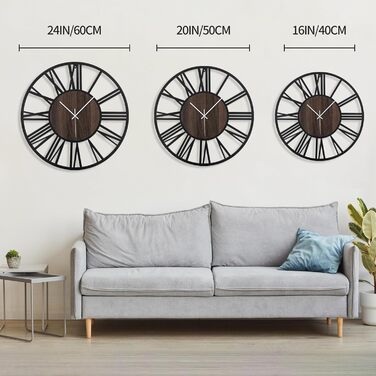 HAITANG Round Wall Clock, Black, 34 cm, for Living Room, Decoration, Vintage Style, Roman Numerals, Silent, Non-Ticking, Wall Clocks for Home, Garden, Office, Cafe Decoration (50 cm, Black)
