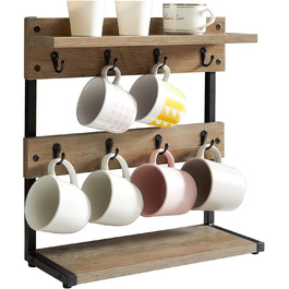 Vintage Mug Holder with 8 Hooks, Coffee Cup Holder for Kitchen Countertop, Cup Rack with Storage Bottom, for Kitchen Dining Room Cafe 40 x 15 x 40 cm, TBJ002H (with Shelf, Greige)