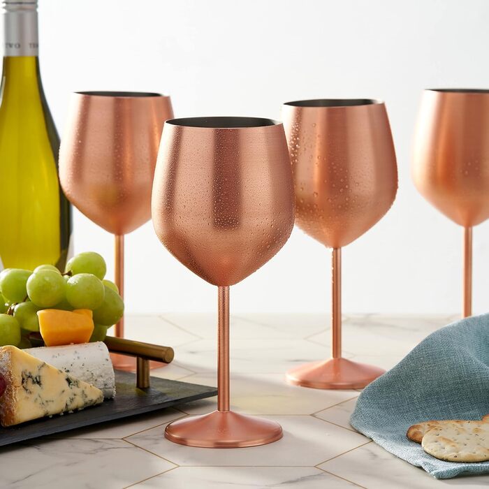 Набір з 4 келихів для вина з нержавіючої сталі Oak & Steel (540 мл) - матовий рожево-золотий/мідний колір - міцні та незламні - подарунковий набір для днів народжень, весіль та Різдва