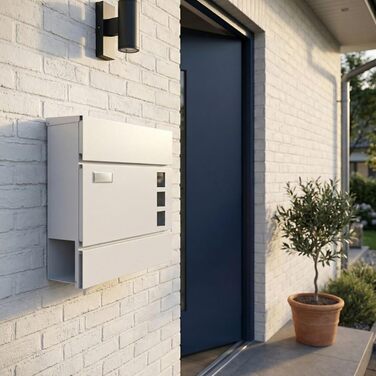 Поштова скринька BASI з м'яким закриттям, вікном для листівок та табличкою для імені | DIN A4 | 2 ключі | вбудований відсік для газет | Біла настінна поштова скринька