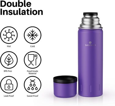 Термос-термокана з нержавіючої сталі SANTECO 1л, 500мл, 1000мл, з кришкою-чашкою, для дітей, спорту, без BPA, 24 год холод, 12 год гарячий (фіолетовий)