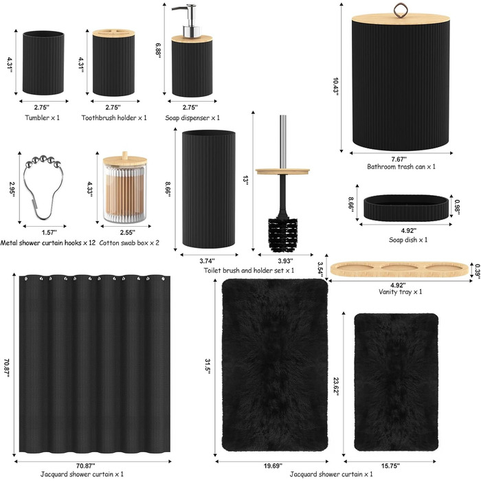 Набір аксесуарів для ванної кімнати PLIOW – 22 предмети: шторка для душу, відро для сміття, тримач для унітазної щітки, дозатор для мила. Стильний та функціональний декор для дому (Чорний, повний комплект + килимок для ванної)