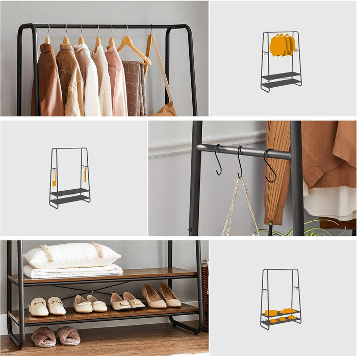 VASAGLE Clothes Rack, Coat Rack, Coat Stand, with 2 Shelves, 6 S-Shaped Hooks, Steel Frame, for Bedroom, Hallway, Entrance Area, Vintage Brown-Black RGR112B01