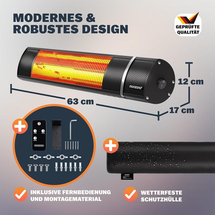 Інфрачервовий обігрівач MONZANA® MZH2000 з золотою трубкою, 3 режими, пульт дистанційного керування, кут нахилу 90°, для вулиці, тераси, 2000W