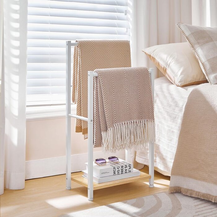 HOOBRO Тримач для рушників, стійка для рушників, мотузка для сушіння, 2 перекладини, для рушників, одягу, ковдр, газет, економія місця, стабільна, білий та натуральний колір