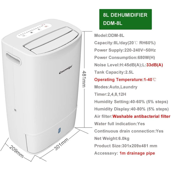 Зволожувач повітря Greenmigo 13л/24г - Електричний зволожувач для дому, підвалу, шафи. Захист від вологи та плісняви. 13л/24г, 50м²