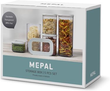 Mepal 5-Piece Storage Container Set with Lids - Rectangular Food Containers - Plastic Kitchen Organizer - Airtight Storage Containers - 1x 2000 ml, 1x 1500 ml, 2x 1000 ml & 1x 425 ml - White
