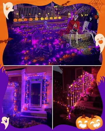 Гірлянда на Хелловін, 30м, 300 LED, оранжево-фіолетова, з функцією пам'яті та таймером, 8 режимів освітлення, вологостійка, для декорування інтер'єру та екстер'єру