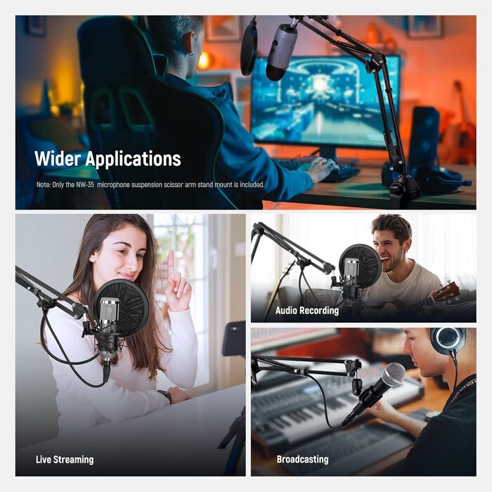 Тримач для мікрофона Neewer NW-35A: підвіс-боом, шарнірний кріплення, сумісний з Blue Yeti, Quadcast та іншими мікрофонами (до 1.5 кг)
