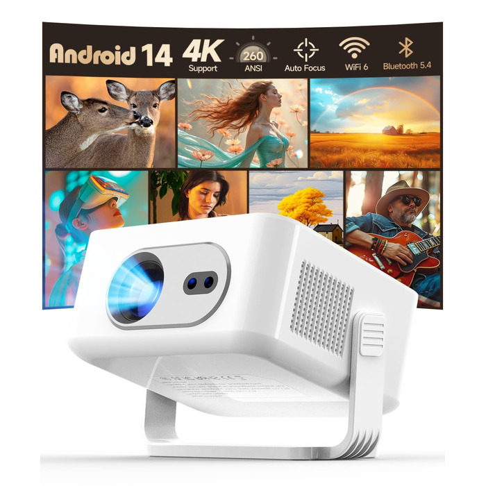 Magcubic HY300max Міні проєктор 4K/8K з Android 14, WiFi 6, Bluetooth 5.4, автофокусом та корекцією трапеції для домашнього кінотеатру (білий)