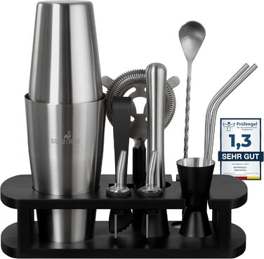 BARMINGO Stainless Steel Cocktail Set - 11 Piece Boston Shaker Set with Stand & Bar Accessories | Cocktail Shaker Set, Bartender Set, Bar Set | Black Silver