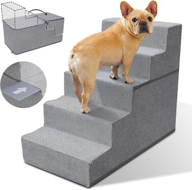 Dog stairs for small dogs, dog stairs, non-slip dog stairs with 5 steps, dog ramp bed washable, pet stairs made of high-density sponge, for injured & older dogs, cats