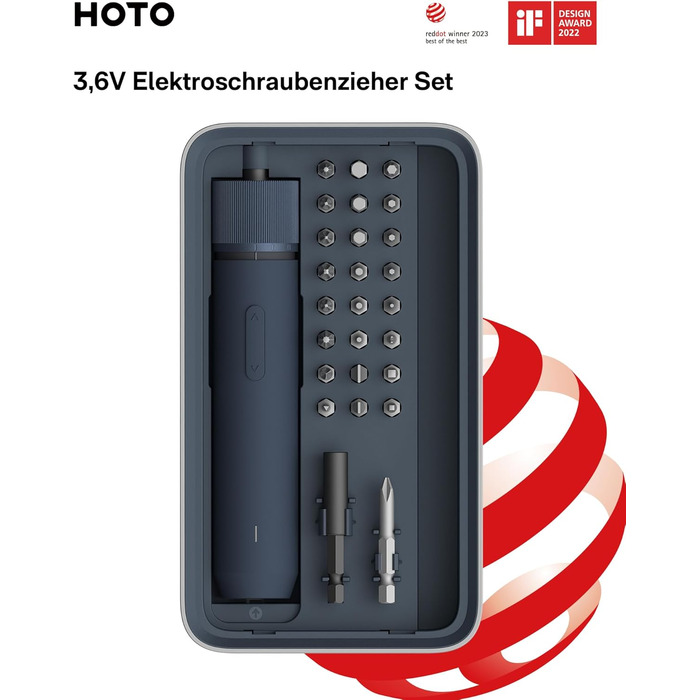 Акумуляторний шуруповерт HOTO з магнітом та 25 бітами, LED-підсвічуванням, 3 рівнями крутного моменту (1.5/3/4 Н.м), акумулятор 1500 мАг, зарядка USB-C, для ремонту меблів та електроприладів