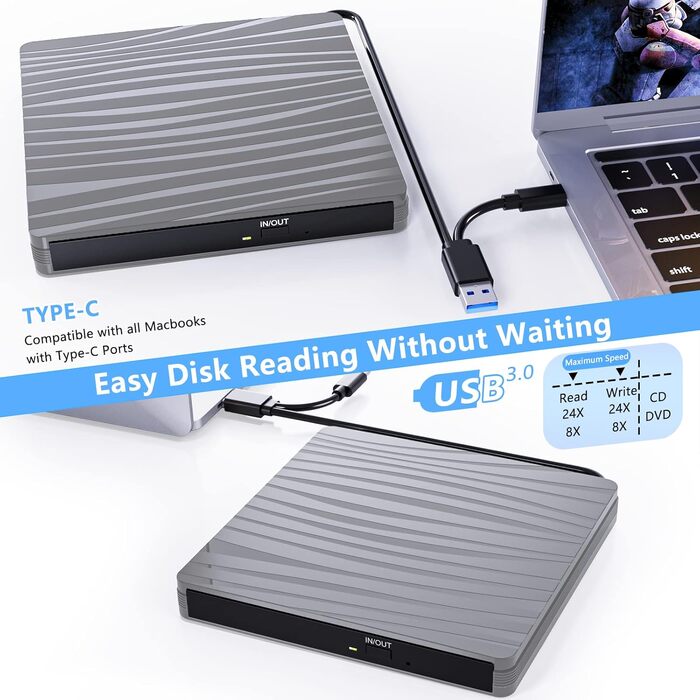 Зовнішній DVD-привід USB 3.0 та Type-C, портативний CD/DVD+/-RW записувач для ноутбука, ПК, MacBook, Windows, MacOS, Linux (Сірий)