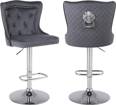 KHISCHMO 2-Piece Velvet Bar Stools Set - Modern Adjustable Kitchen Counter Stools with Lion Paw Pulls - 360° Swivel, Black (Gray), Set of 2