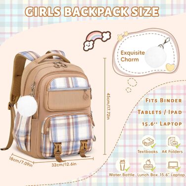 Шкільний рюкзак Tanou для дівчаток, ергономічний, великий, модний в клітинку, для підлітків, для подорожей (коричневий)