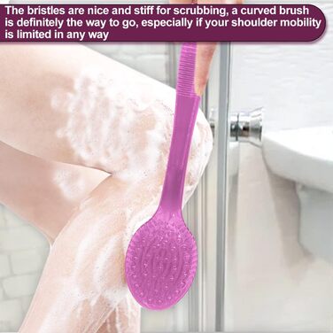 Back Scrub Brush – Curved shower brush with a long handle and medium-stiff bristles for cleaning and exfoliating the body, back scrubber for men and women (black + pink, 2)