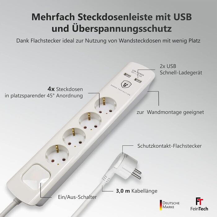 Стрічка розеток FeinTech MD000632 6-fach з USB та захистом від перенапруги, 3680 Вт, біла (4 розетки, 3 м кабель)