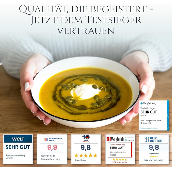 Набір посуду Porzellan Crystal 24 елементи для 6 осіб: тарілки, миски, тарілки для їжі. Білий посуд з чорним краєм Pure Living.