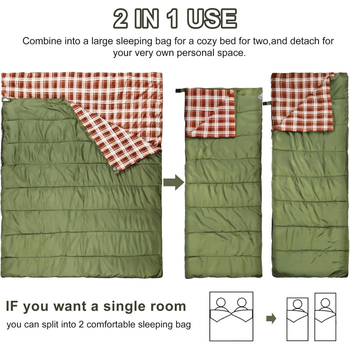 Cotton Flannel Double Sleeping Bag for Camping, Hiking - Queen Size 2 Person Waterproof Sleeping Bag for Adults & Teens - Lightweight (Green/Brown)