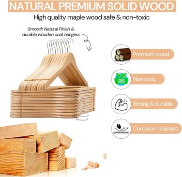 Вішалки для одягу Edihome, дерев'яні, набір з 20 шт., з неслизьким тримачем для штанів, вирізами для плечей, поворотним гачком 360°, для костюмів, сорочок
