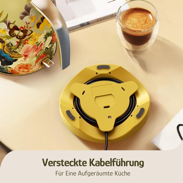 Електричний чайник Hazel Quinn Schneller 1.7л, 2200W, нержавіюча сталь 304, швидкий кип'ятіння, автоматичне вимкнення, захист від сухого кип'ятіння, вінтажний дизайн, BPA-free, перловий білий (жовтий з квітковим візерунком)