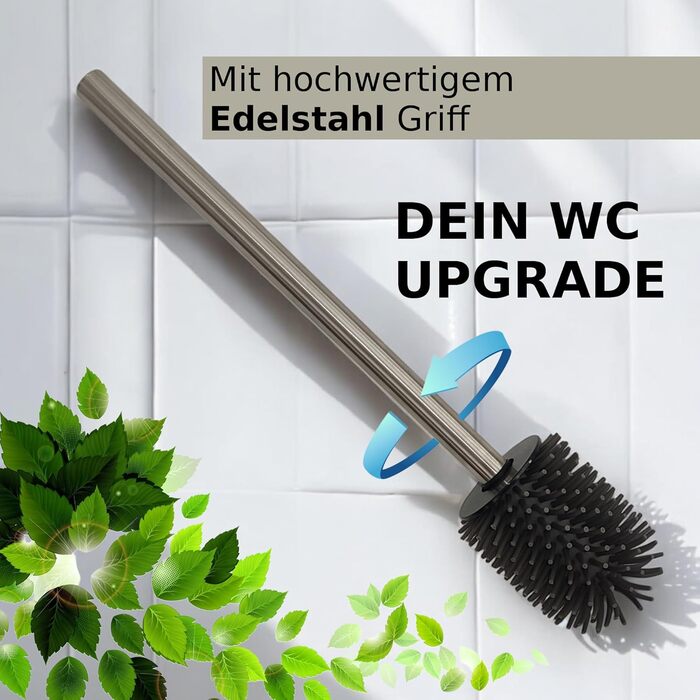 Торцева щітка для унітазу з нержавіючою ручкою - комплект з 2 насадками для ванної кімнати. Стійка, кругла щітка для туалету. Гігієнічна, антибактеріальна (чорний)