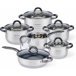 Набір посуду EliteHoff Induktion: 12-ти частинний набір каструль та сковорідок з нержавіючої сталі з кришками та чорними ручками, для всіх типів плит