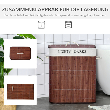 HOMCOM 100L кошик для білизни, контейнер для збору білизни, коробка для білизни з 3 ручками та знімним пранню мішком з бамбука, бавовни, металу, коричневого+білого кольорів, розміром 52x32x63 см | Aosom