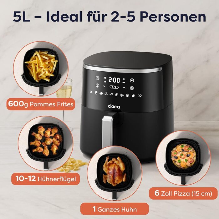 Фритюрниця повітряна CIARRA з цифровим дисплеєм, 5 л, без олії, антипригарне покриття, 8 режимів приготування