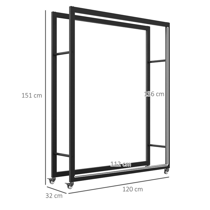 Сховище для дров Outsunny 120 x 32 x 151 см з колесами, металева полиця для дров, чорного кольору | Aosom
