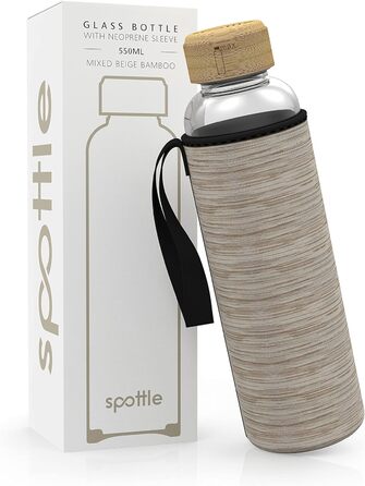 spottle Glass Water Bottle 1L - Glass Bottle 500ml - 750ml - 1 liter with Neoprene Sleeve/Protective Cover - Glass Drinking Bottle with Screw Cap - Glass Water Bottle for Carbonated Drinks 750ml Beige Melange / Bamboo