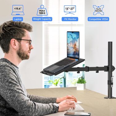 Suptek Adjustable Monitor Arm with Laptop Holder - Full Range Motion for 13-27 inch Screens (40cm Pole)