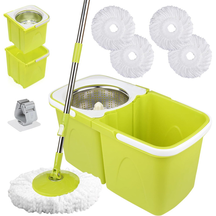 Набір для миття підлоги ARSUK з відром та механічним віджимом – набір для прибирання будинку | Відро для миття підлоги з мікрофіброю та 360° обертанням – ідеально для паркету, плитки та ламінату | 4 змінні насадки та утримувач для швабри з ароматом лимона