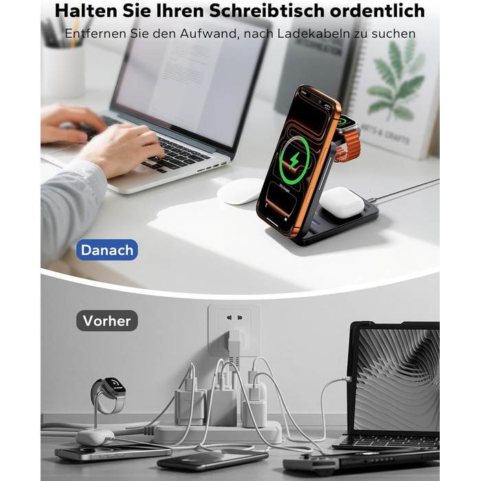 Magsafe зарядна станція 3-в-1 для Apple Watch та iPhone (чорна) – швидка зарядка, адаптер 20W
