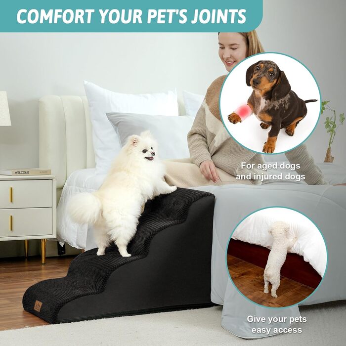 Сходинки для собак маленьких порід, сходи для домашніх тварин на диван з високощільним губкою, сходи для собак з миючим покриттям та неслизьким дном (3), чорний колір, 4 сходинки (40x72x50 см)