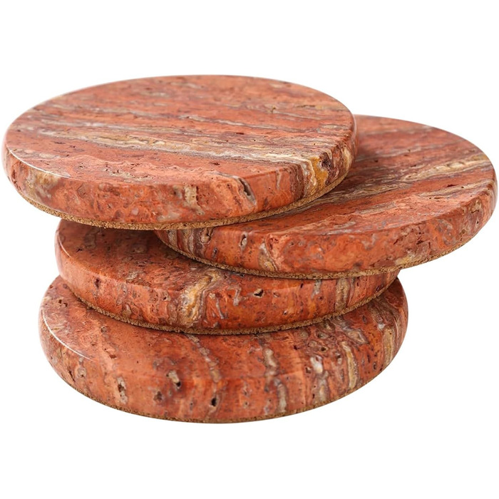 HAMAKAWA Genuine Natural Marble Coasters, Set of 4, Red Stone Coasters Φ10cm, Modern Round Travertine Drink Coasters for Home Decoration, Coffee Table, Office