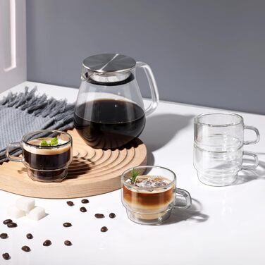 Glastal Stackable Glasses 120ml Espresso Glasses Double-Walled Espresso Cups Glass 4-Piece Set, Double-Walled Coffee Glasses Tea Glasses Espresso Cups Set for Tea, Milk, Gift for Women Men