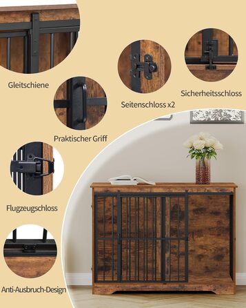 Клітка для собак Hzuaneri, 110 см, 2 двері, сучасний дизайн, для собак малих, середніх та великих порід (до 100 кг), з функцією приліжкового столика, посилена ковзна дверцята, 65 × 110 × 81 см, колір Vintage Brown, DFC84401B