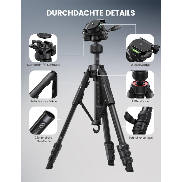 Штатив для камери Lamicall: стабільний трипод з регулюванням висоти до 170 см, вантажопідйомністю 8 кг та підставка для телефону