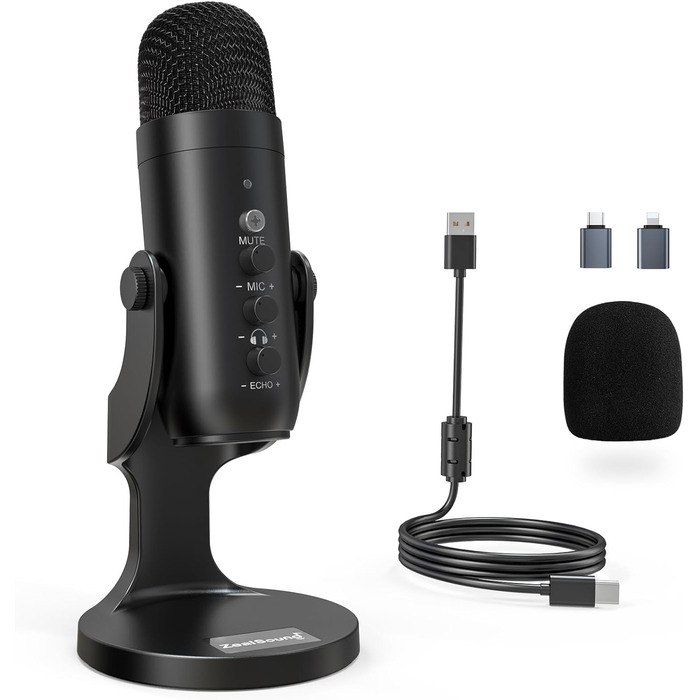 USB мікрофон Zealsound: конденсаторний мікрофон для ПК, телефону, PS4, PS5. Ідеально для геймінгу, подкастів, запису звуку, стрімінгу та ASMR. З регулюванням гучності та ефектом ехо. Сумісний з Mac, Windows. Чорний колір.