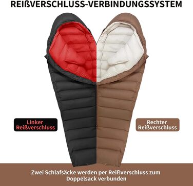 Пуховий спальний мішок для дорослих та дітей, легкий зимовий спальник Outdoor 8°C ~ -30°C для кемпінгу та альпінізму з 650 FP гусячим пухом, чорний, 1000g