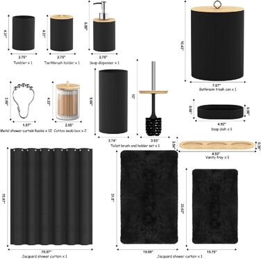 Набір аксесуарів для ванної кімнати PLIOW – 22 предмети: шторка для душу, відро для сміття, тримач для унітазної щітки, дозатор для мила. Стильний та функціональний декор для дому (Чорний, повний комплект + килимок для ванної)
