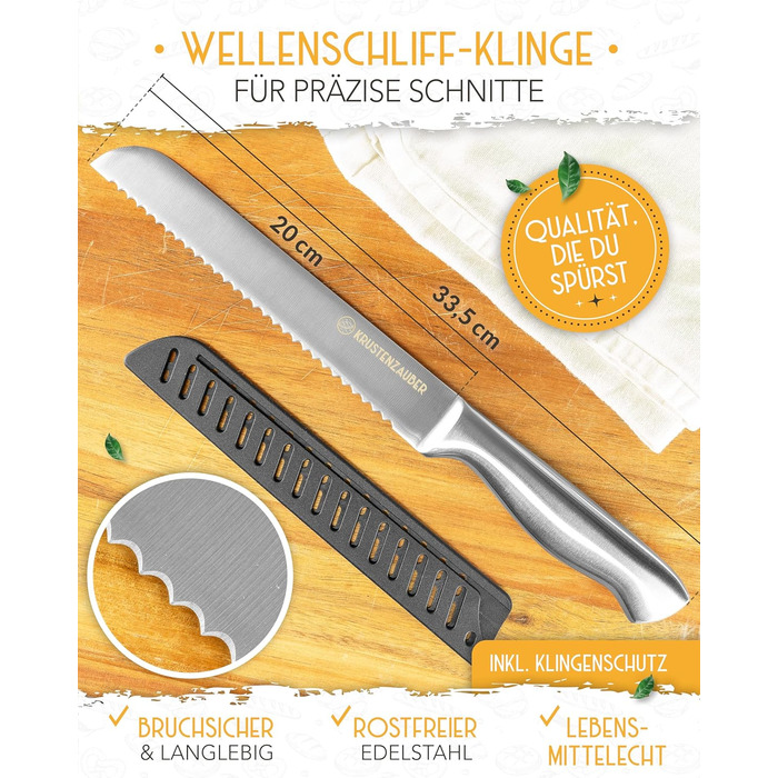 Ніж для хліба KRUSTENZAUBER з хвилястим лезом, 20 см, нержавіюча сталь. Великий ніж для нарізання хліба та булочок, для точного та легкого нарізання.