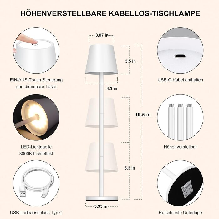 LED настільна лампа акумуляторна бездротова з сенсорним керуванням, USB-C, димування, 3 режими світла, регульована висота, IP54 водонепроникна для ресторану, спальні, бару, вулиці - біла