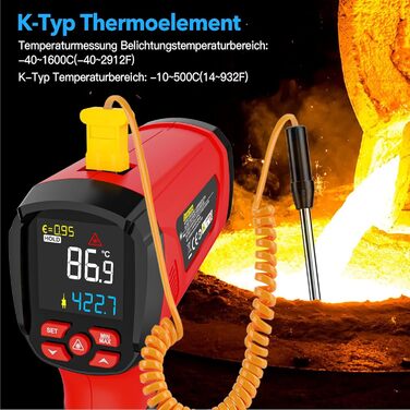 Інфрачервоний термометр MESTEK для вимірювання високих температур -40°C до 1600℃ з K-зондом, лазерний, LCD, з сигналізацією, для кулінарії, промисловості, HVAC, IR05A-Red
