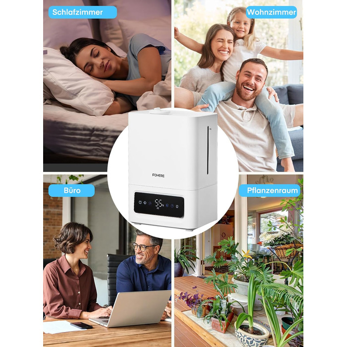 Зволожувач повітря FOHERE 6L для великих приміщень, 60 годин холодного туману, тихий зволожувач для дитячої кімнати, спальні, рослин, 28dB, точний датчик вологості, 16 годин таймер, аромадифузор, білий