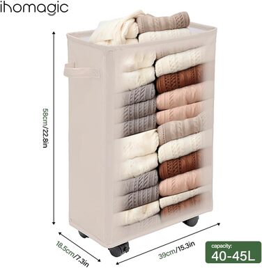 IHOMAGIC кошик для білизни 40 л з колесами, складаний, прямокутний, бежевий, для ванної та спальні