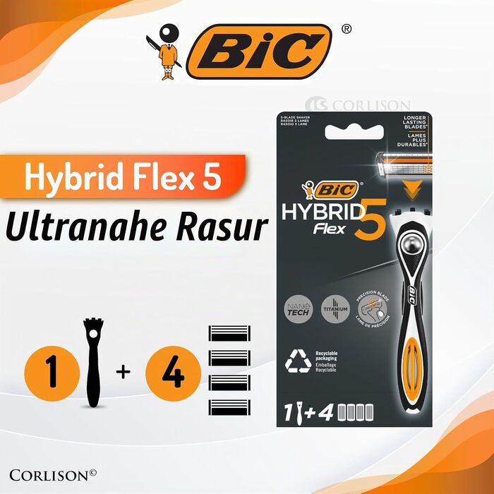 Чоловіча бритва BIC Hybrid 5 Flex, вологий гоління, 10 змінних касет по 5 лез, з алое вера та вітаміном E, з тримером для точного гоління